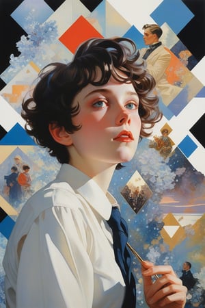 art by Makoto Shinkai, art by J C Leyendecker, norman rockwell, ilya kuvshinov, flat colors, gouache painting, 1girl, upper body portrait, comic book commission sketch, hypermaximalist, juxtapositions extraordinaire,(partially made out of geometric shape figures:1.4), inkblots, made of crystals, flat colors, flat style