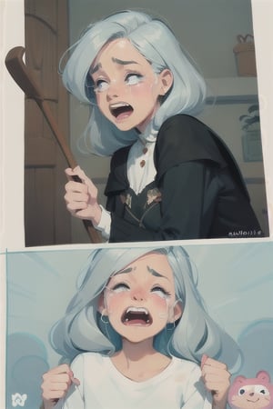(Cute Cartoon Illustration:1.5), masterpiece, best quality, casting magic, 30 year old woman, crying with tears, toothy expression, Hogwarts, minimalist