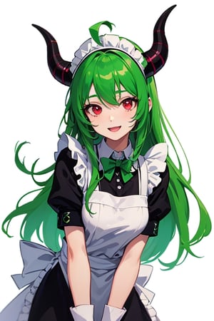 (best quality, vivid colors, anime:1.1), 1girl, red eyes ,horns, red horns, light green hair, long hair, maid costume,maid headdress, gentle sunlight, cheerful expression, white background, five nights at Freddy's