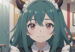 (best quality, vivid colors, anime:1.1), 1girl, red eyes, horns, red horns, light green hair, long hair, maid costume, maid headdress, gentle sunlight, cheerful expression, neon room background, face only, face focus, staring at viewer, profile picture, brightful colors, pov_eye_contact, in front of camera, at a cafeteria