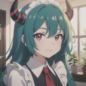 (best quality, vivid colors, anime:1.1), 1girl, red eyes, horns, red horns, light green hair, long hair, maid costume, maid headdress, gentle sunlight, cheerful expression, neon room background, face only, face focus, staring at viewer,profile picture, brightful colors, pov_eye_contact , in front of camera