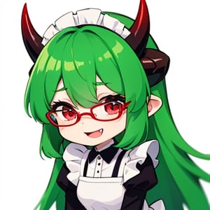 (best quality, vivid colors, anime:1.1), 1girl, chibi, red eyes,horns, red horns, light green hair, long hair, maid costume,maid headdress,nerd, nerd glasses, gentle sunlight, cheerful expression, emote for twitch, white background, sticker