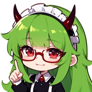 (best quality, vivid colors, anime:1.1), 1girl, chibi, red eyes,horns, red horns, light green hair, long hair, maid costume,maid headdress,nerd, nerd glasses, gentle sunlight, cheerful expression, emote for twitch, white background, sticker, finger_pointing