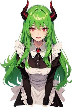 (best quality, vivid colors, anime:1.1), detailed eyes and face,red eyes, red horns, light green hair, long hair, maid costume, gentle sunlight, cheerful expression, dynamic pose, artistic lighting, 1girl, vibrant background