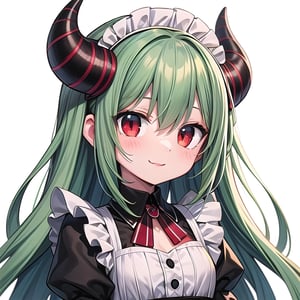 (best quality, vivid colors, anime:1.1), 1girl, red eyes, horns, red horns, light green hair, long hair, maid costume, maid headdress, gentle sunlight, cheerful expression, white background, face only, face focus, staring at viewer, 