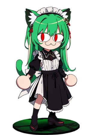 (best quality,  vivid colors,  anime:1.1),  1girl,  chibi,  red eyes, horns,  red horns,  light green hair,  long hair,  maid costume, maid headdress, gentle sunlight,  cheerful expression, white background, full body, :3, cat ears, chibi, cat girl, cat tail, solo, slit pupils