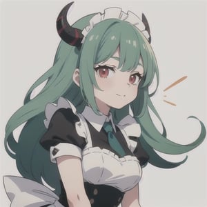 (best quality, vivid colors, anime:1.1), 1girl, red eyes, horns, red horns, light green hair, long hair, maid costume, maid headdress, gentle sunlight, cheerful expression, white background, face only, face focus, staring at viewer,profile picture