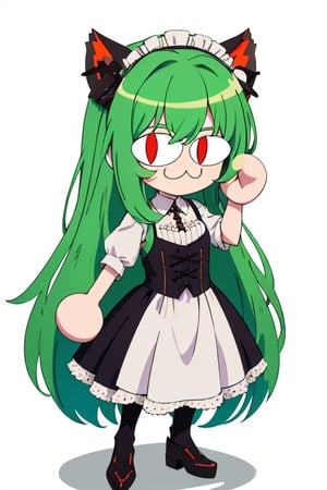 (best quality,  vivid colors,  anime:1.1),  1girl,  chibi,  red eyes, horns,  red horns,  light green hair,  long hair,  maid costume, maid headdress, gentle sunlight,  cheerful expression, white background, full body, :3, cat ears, chibi, cat girl, cat tail, solo, slit pupils