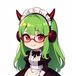 (best quality, vivid colors, anime:1.1), 1girl, chibi, red eyes,horns, red horns, light green hair, long hair, maid costume,maid headdress,nerd, nerd glasses, gentle sunlight, cheerful expression, emote for twitch, white background, sticker