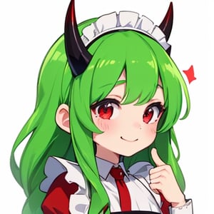 (best quality, vivid colors, anime:1.1), 1girl, chibi, red eyes,horns, red horns, light green hair, thumb up, long hair, maid costume,maid headdress, gentle sunlight, cheerful expression, emote for twitch, white background, sticker