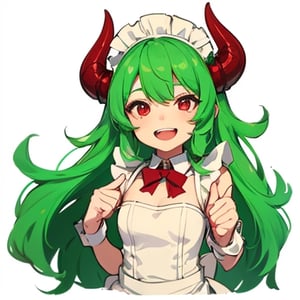 (best quality, vivid colors, anime:1.1), 1girl, chibi, red eyes,horns, red horns, light green hair, thumb up, long hair, maid costume,maid headdress, gentle sunlight, cheerful expression, emote for twitch, white background, sticker