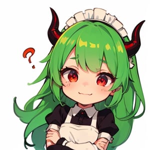 (best quality, vivid colors, anime:1.1), 1girl, chibi, red eyes,horns, red horns, light green hair, confused with a big question mark, long hair, maid costume,maid headdress, gentle sunlight, cheerful expression, emote for twitch, white background, sticker