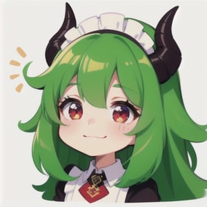  (best quality, vivid colors, anime:1.1), 1girl, chibi, red eyes,horns, red horns, light green hair, long hair, maid costume,maid headdress, gentle sunlight, cheerful expression, profile pic, white background, sticker, twitch emoji