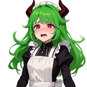 (best quality, vivid colors, anime:1.1), 1girl, chibi, red eyes, red horns, light green hair, (crying:1.3), long hair, maid costume, gentle sunlight, cheerful expression, emote for twitch, white background, sticker