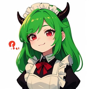 (best quality, vivid colors, anime:1.1), 1girl, chibi, red eyes,horns, red horns, light green hair, confused with a question mark, long hair, maid costume,maid headdress, gentle sunlight, cheerful expression, emote for twitch, white background, sticker