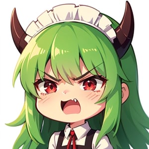 (best quality, vivid colors, anime:1.1), 1girl, chibi, red eyes,horns, red horns, light green hair, (angry:1.3), long hair, maid costume,maid headdress, gentle sunlight, cheerful expression, emote for twitch, white background, sticker