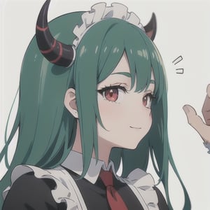 (best quality, vivid colors, anime:1.1), 1girl, red eyes, horns, red horns, light green hair, long hair, maid costume, maid headdress, gentle sunlight, cheerful expression, white background, face only, face focus, staring at viewer,profile picture, brightful colors, pov_eye_contact 