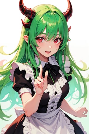 (best quality, vivid colors, anime:1.1), detailed eyes and face,red eyes, red horns, light green hair, long hair, maid costume, gentle sunlight, cheerful expression, dynamic pose, artistic lighting, 1girl, vibrant background