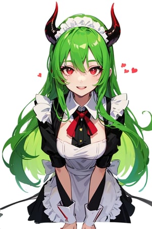 (best quality, vivid colors, anime:1.1), detailed eyes and face,red eyes, red horns, light green hair, long hair, maid costume, gentle sunlight, cheerful expression, dynamic pose, artistic lighting, 1girl, vibrant background