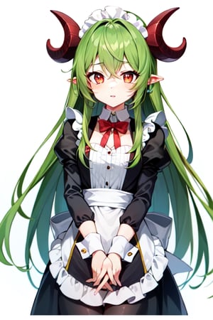 Anime, maid_costume, cute, red_eyes, green_hair,long_hair , red_horns, 1girl, kawaii,LatteArt