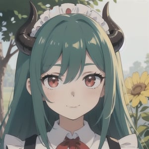 (best quality, vivid colors, anime:1.1), 1girl, red eyes, horns, red horns, light green hair, long hair, maid costume, maid headdress, gentle sunlight, cheerful expression, gamer background, face only, face focus, staring at viewer,profile picture, brightful colors, pov_eye_contact , in front of camera