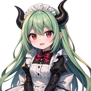 (best quality, vivid colors, anime:1.1), 1girl, red eyes, horns, red horns, light green hair, long hair, maid costume, maid headdress, gentle sunlight, cheerful expression, white background, face only, face focus, staring at viewer, 