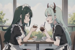 (best quality, vivid colors, anime:1.1), 1girl, red eyes, horns, red horns, light green hair, long hair, maid costume, maid headdress, gentle sunlight, cheerful expression, face focus, profile picture, brightful colors, sitting at a cafeteria, holding a coffee