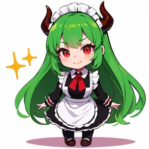 (best quality, vivid colors, anime:1.1), 1girl, chibi, red eyes,horns, red horns, light green hair, confused with a big question mark, long hair, maid costume,maid headdress, gentle sunlight, cheerful expression, emote for twitch, white background, sticker