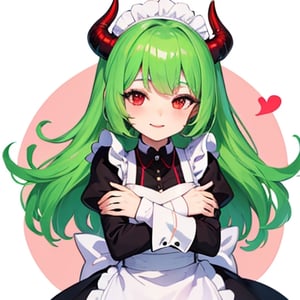 (best quality, vivid colors, anime:1.1), 1girl, chibi, red eyes, red horns, light green hair, long hair, maid costume, gentle sunlight, cheerful expression, hugging 
big red heart, emote for twitch