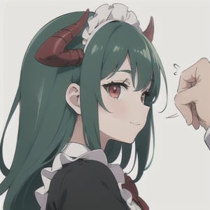 (best quality, vivid colors, anime:1.1), 1girl, red eyes, horns, red horns, light green hair, long hair, maid costume, maid headdress, gentle sunlight, cheerful expression, white background, face only, face focus, staring at viewer,profile picture