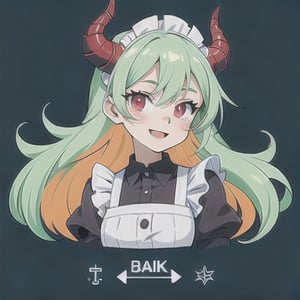 (best quality, vivid colors, anime:1.1), 1girl, red eyes,maid_costume , horns, red horns, light green hair, long hair, gentle sunlight, cheerful expression, face focus, looking at viewer, brightful colors, full body, CharacterSheet, (multiple views, full body, reference sheet:1)