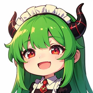 (best quality, vivid colors, anime:1.1), 1girl, chibi, red eyes,horns, red horns, light green hair, (happy:1.3), long hair, maid costume,maid headdress, gentle sunlight, cheerful expression, emote for twitch, white background, sticker