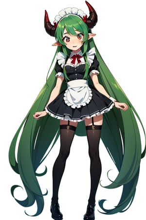 Anime, maid_costume, cute, red_eyes, green_hair,long_hair , red_horns, full_body, 1 girl, kawaii
