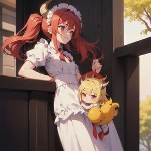  (best quality, vivid colors, anime:1.1), 1girl, chibi, red eyes,horns, red horns, light green hair, long hair, maid costume,maid headdress, gentle sunlight, cheerful expression, profile