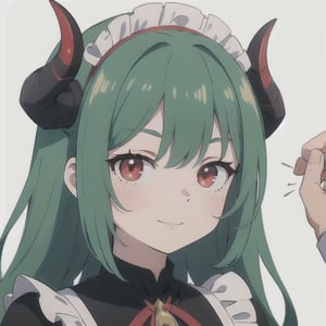 (best quality, vivid colors, anime:1.1), 1girl, red eyes, horns, red horns, light green hair, long hair, maid costume, maid headdress, gentle sunlight, cheerful expression, white background, face only, face focus, staring at viewer,profile picture, brightful colors, pov_eye_contact , in front of camera