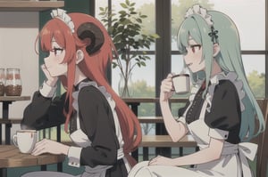 (best quality, vivid colors, anime:1.1), 1girl, red eyes, horns, red horns, light green hair, long hair, maid costume, maid headdress, gentle sunlight, cheerful expression, face focus, profile picture, brightful colors, sitting at a cafeteria, holding a coffee