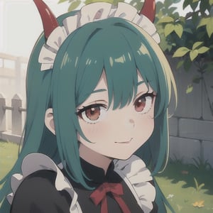 (best quality, vivid colors, anime:1.1), 1girl, red eyes, horns, red horns, light green hair, long hair, maid costume, maid headdress, gentle sunlight, cheerful expression, gamer background, face only, face focus, staring at viewer,profile picture, brightful colors, pov_eye_contact , in front of camera