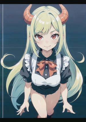 (best quality, vivid colors, anime:1.1), 1girl, red eyes,maid_costume , horns, red horns, light green hair, long hair, gentle sunlight, cheerful expression, face focus, looking at viewer, brightful colors, full body