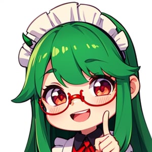 (best quality, vivid colors, anime:1.1), 1girl, chibi, red eyes,horns, red horns, light green hair, long hair, maid costume,maid headdress,nerd, nerd glasses, gentle sunlight, cheerful expression, emote for twitch, white background, sticker, finger_pointing