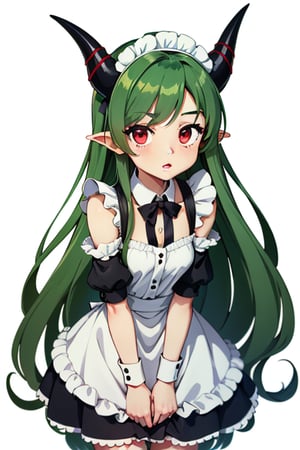 Anime, maid_costume, girl, cute, chibi, red_eyes, green_hair,long_hair , simple_background, red_horns, full_body
