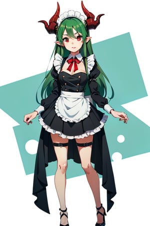 Anime, maid_costume, girl, cute, red_eyes, green_hair,long_hair , red_horns, full_body, looking_at_viewer
