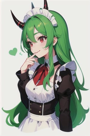  (best quality, vivid colors, anime:1.1), 1girl, chibi, red eyes,horns, red horns, light green hair, long hair, maid costume,maid headdress, gentle sunlight, cheerful expression, profile pic, white background, sticker, twitch emoji