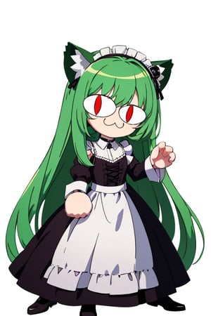(best quality,  vivid colors,  anime:1.1),  1girl,  chibi,  red eyes, horns,  red horns,  light green hair,  long hair,  maid costume, maid headdress, gentle sunlight,  cheerful expression, white background, full body, :3, cat ears, chibi, cat girl, cat tail, solo, slit pupils