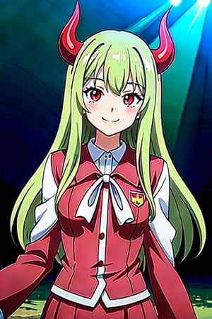 (best quality, vivid colors, anime:1.1), 1girl, red eyes, horns, red horns, light green hair, long hair, gentle sunlight, cheerful expression, face focus, looking at viewer, brightful colors, school uniform