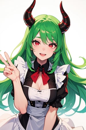 (best quality, vivid colors, anime:1.1), detailed eyes and face,red eyes, red horns, light green hair, long hair, maid costume, gentle sunlight, cheerful expression, dynamic pose, artistic lighting, 1girl, vibrant background