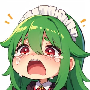 (best quality, vivid colors, anime:1.1), 1girl, chibi, red eyes, horns, red horns, light green hair, (crying:1.3), long hair, maid costume, gentle sunlight, cheerful expression, emote for twitch, white background, sticker