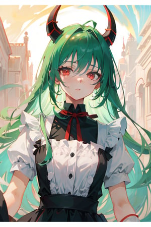 Anime, (masterpiece), best quality, high resolution, highly detailed, detailed background, perfect lighting, maid_costume, cute, red_eyes, green_hair, long_hair , red_horns, 1girl, kawaii, perfect anime quality, photo, outdoors, beautiful scenery