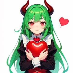 (best quality, vivid colors, anime:1.1), 1girl, chibi, red eyes, red horns, light green hair, holding red heart balloon, hugging heart balloon, , long hair, maid costume, gentle sunlight, cheerful expression, emote for twitch