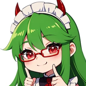 (best quality, vivid colors, anime:1.1), 1girl, chibi, red eyes,horns, red horns, light green hair, long hair, maid costume,maid headdress,nerd, nerd glasses, gentle sunlight, cheerful expression, emote for twitch, white background, sticker, finger_pointing