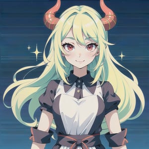(best quality, vivid colors, anime:1.1), 1girl, red eyes,maid_costume , horns, red horns, light green hair, long hair, gentle sunlight, cheerful expression, face focus, looking at viewer, brightful colors, full body, CharacterSheet, (multiple views, full body, upper body, reference sheet:1)